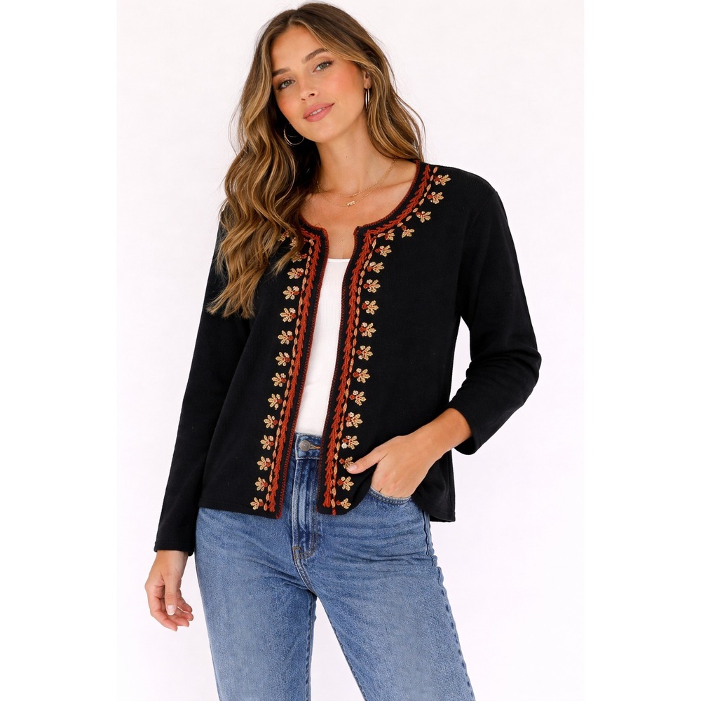 Pearl‎ Spano Embroidered Cardigan Sweater Womens S Black Floral Boho